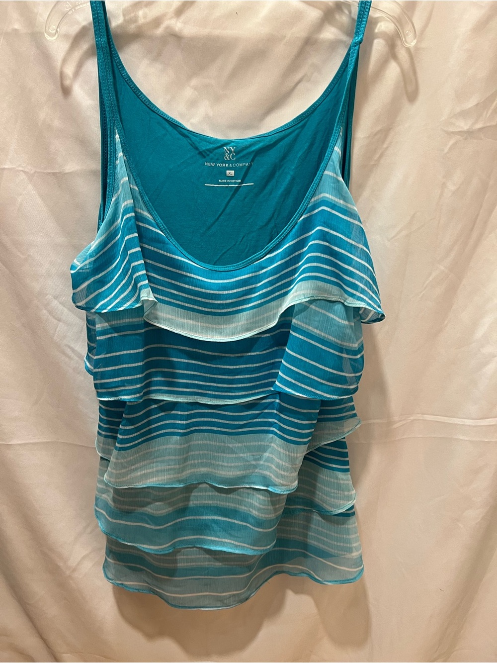 New York & Company Blue Striped Ruffle Tank Top